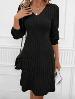 Women's Sweater Dress Mini Dress Patchwork Casual V Neck Long Sleeve Black Wine Color