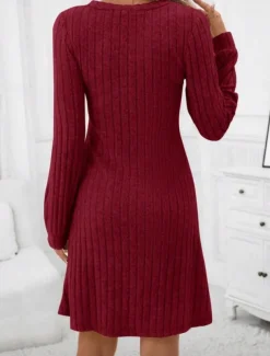 Women's Sweater Dress Mini Dress Patchwork Casual V Neck Long Sleeve Black Wine Color