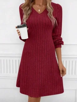 Women's Sweater Dress Mini Dress Patchwork Casual V Neck Long Sleeve Black Wine Color