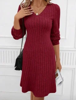 Women's Sweater Dress Mini Dress Patchwork Casual V Neck Long Sleeve Black Wine Color