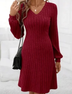 Women's Sweater Dress Mini Dress Patchwork Casual V Neck Long Sleeve Black Wine Color