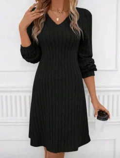 Women's Sweater Dress Mini Dress Patchwork Casual V Neck Long Sleeve Black Wine Color