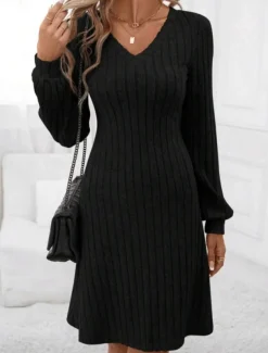 Women's Sweater Dress Mini Dress Patchwork Casual V Neck Long Sleeve Black Wine Color