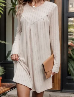 Women's Sweater Dress Mini Dress Ribbed Warm Casual Crew Neck Long Sleeve Khaki Color
