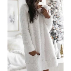 Women's Sweater Dress Stylish Soft Solid Color Fuzzy Crew Neck Pocket Long Sleeve Knit Home Daily Black White Fall Winter