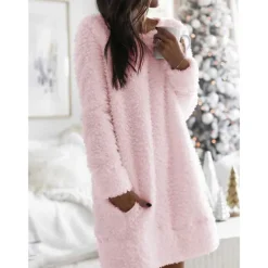 Women's Sweater Dress Stylish Soft Solid Color Fuzzy Crew Neck Pocket Long Sleeve Knit Home Daily Black White Fall Winter