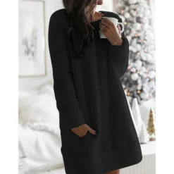 Women's Sweater Dress Stylish Soft Solid Color Fuzzy Crew Neck Pocket Long Sleeve Knit Home Daily Black White Fall Winter