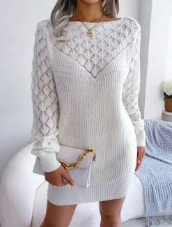 Women's Sweater Dress Stylish Casual Soft Solid Color Ribbed Crew Neck Patchwork Long Sleeve Long Tops Knit Daily Going out Weekend White Pink Fall Winter