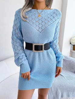 Women's Sweater Dress Stylish Casual Soft Solid Color Ribbed Crew Neck Patchwork Long Sleeve Long Tops Knit Daily Going out Weekend White Pink Fall Winter