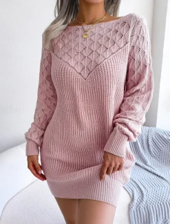 Women's Sweater Dress Stylish Casual Soft Solid Color Ribbed Crew Neck Patchwork Long Sleeve Long Tops Knit Daily Going out Weekend White Pink Fall Winter