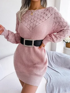 Women's Sweater Dress Stylish Casual Soft Solid Color Ribbed Crew Neck Patchwork Long Sleeve Long Tops Knit Daily Going out Weekend White Pink Fall Winter