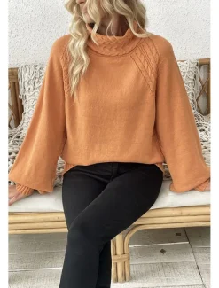 Women's Sweater Elegant Casual Soft Pure Color Ribbed Turtleneck Knitted Long Sleeve Regular Tops Knit Outdoor Daily Weekend Orange Fall Winter