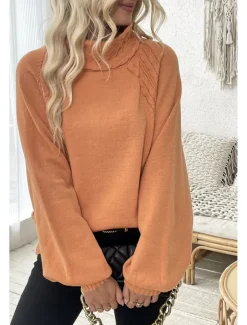 Women's Sweater Elegant Casual Soft Pure Color Ribbed Turtleneck Knitted Long Sleeve Regular Tops Knit Outdoor Daily Weekend Orange Fall Winter