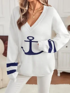 Women's Sweater Elegant Fashion Streetwear Graphic V Neck Knitted Long Sleeve Long Tops Knit Daily Weekend White Fall Winter