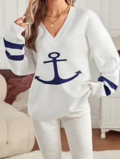 Women's Sweater Elegant Fashion Streetwear Graphic V Neck Knitted Long Sleeve Long Tops Knit Daily Weekend White Fall Winter