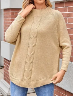 Women's Sweater Elegant Fashion Streetwear Solid Color Cable Crew Neck Knitted Long Sleeve Long Tops Knit Formal Party Pink Khaki Fall Winter
