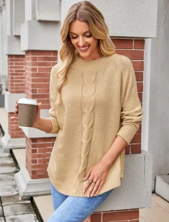 Women's Sweater Elegant Fashion Streetwear Solid Color Cable Crew Neck Knitted Long Sleeve Long Tops Knit Formal Party Pink Khaki Fall Winter