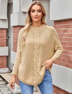 Women's Sweater Elegant Fashion Streetwear Solid Color Cable Crew Neck Knitted Long Sleeve Long Tops Knit Formal Party Pink Khaki Fall Winter
