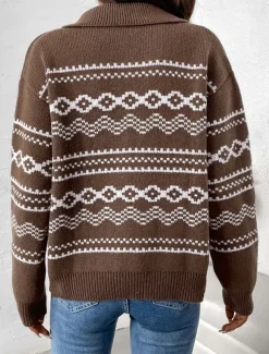 Women's Sweater Jacket Vintage Streetwear Casual Geometric Open Front Knitted Long Sleeve Regular Tops Knit Outdoor Weekend Brown Fall Winter