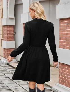 Women's Sweater Mini Dress Crew Neck Knit Knitted Fall Winter Party Elegant Fashion Daily Long Sleeve Solid Color Black Khaki