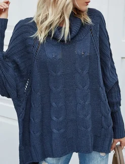 Women's Sweater Pullover Sweater Jumper Casual Soft Pure Color Cable Turtleneck Knitted Long Sleeve Regular Tops Knit Outdoor Daily Weekend Navy Blue Beige Fall Winter