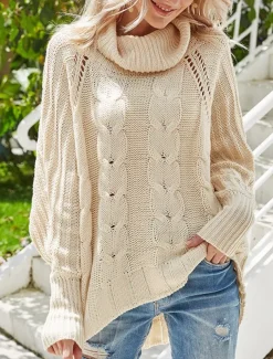 Women's Sweater Pullover Sweater Jumper Casual Soft Pure Color Cable Turtleneck Knitted Long Sleeve Regular Tops Knit Outdoor Daily Weekend Navy Blue Beige Fall Winter
