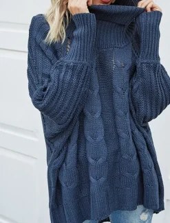 Women's Sweater Pullover Sweater Jumper Casual Soft Pure Color Cable Turtleneck Knitted Long Sleeve Regular Tops Knit Outdoor Daily Weekend Navy Blue Beige Fall Winter