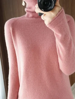 Women's Sweater Pullover Sweater Jumper Casual Soft Pure Color Ribbed Turtleneck Knitted Long Sleeve Regular Tops Knit Outdoor Daily Weekend Pink Camel Fall Winter