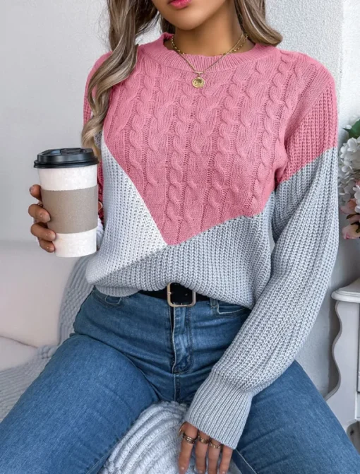 Women's Sweater Pullover Sweater Jumper Casual Soft Color Block Ribbed Crew Neck Patchwork Knitted Long Sleeve Regular Tops Knit Outdoor Daily Weekend Black Pink Fall Winter
