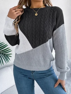 Women's Sweater Pullover Sweater Jumper Casual Soft Color Block Ribbed Crew Neck Patchwork Knitted Long Sleeve Regular Tops Knit Outdoor Daily Weekend Black Pink Fall Winter