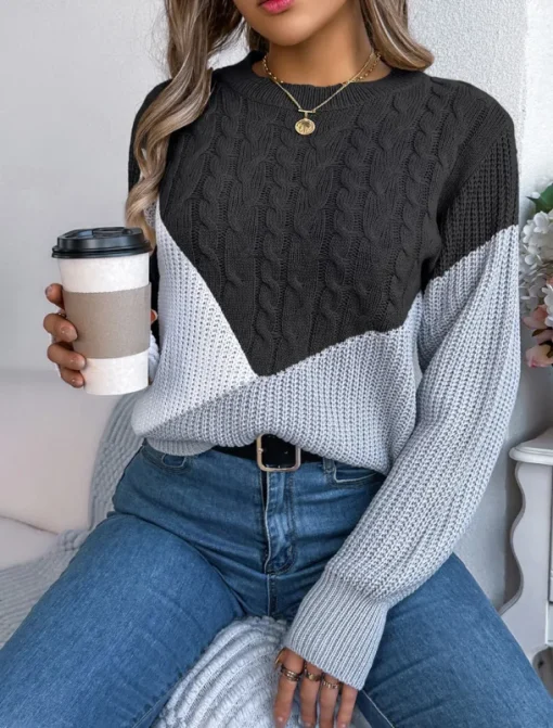 Women's Sweater Pullover Sweater Jumper Casual Soft Color Block Ribbed Crew Neck Patchwork Knitted Long Sleeve Regular Tops Knit Outdoor Daily Weekend Black Pink Fall Winter
