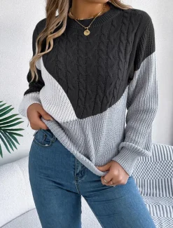 Women's Sweater Pullover Sweater Jumper Casual Soft Color Block Ribbed Crew Neck Patchwork Knitted Long Sleeve Regular Tops Knit Outdoor Daily Weekend Black Pink Fall Winter