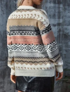 Women's Sweater Pullover Sweater Jumper Vintage Casual Soft Geometric Ribbed Crew Neck Knitted Long Sleeve Regular Tops Knit Outdoor Daily Weekend Pink Red Fall Winter