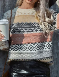 Women's Sweater Pullover Sweater Jumper Vintage Casual Soft Geometric Ribbed Crew Neck Knitted Long Sleeve Regular Tops Knit Outdoor Daily Weekend Pink Red Fall Winter