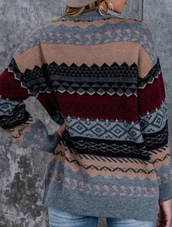 Women's Sweater Pullover Sweater Jumper Vintage Casual Soft Geometric Ribbed Crew Neck Knitted Long Sleeve Regular Tops Knit Outdoor Daily Weekend Pink Red Fall Winter