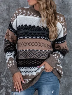 Women's Sweater Pullover Sweater Jumper Vintage Casual Soft Geometric Ribbed Crew Neck Knitted Long Sleeve Regular Tops Knit Outdoor Daily Weekend Pink Red Fall Winter