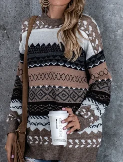 Women's Sweater Pullover Sweater Jumper Vintage Casual Soft Geometric Ribbed Crew Neck Knitted Long Sleeve Regular Tops Knit Outdoor Daily Weekend Pink Red Fall Winter