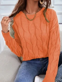 Women's Sweater Pullover Sweater Jumper Casual Soft Pure Color Cable Crew Neck Knitted Long Sleeve Regular Tops Knit Outdoor Daily Weekend Orange Khaki Fall Winter