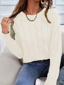 Women's Sweater Pullover Sweater Jumper Casual Soft Pure Color Cable Crew Neck Knitted Long Sleeve Regular Tops Knit Outdoor Daily Weekend Orange Khaki Fall Winter