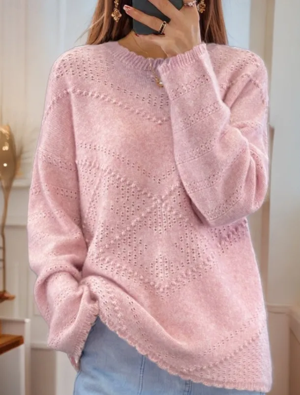 Women's Sweater Pullover Sweater Jumper Crew Neck Knit Hollow Out Crewneck Knitted Drop Shoulder Spring Fall Home Daily Holiday Daily Stylish Soft Long Sleeve Pure Color White Pink