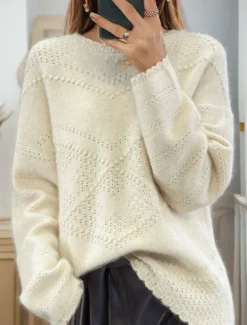 Women's Sweater Pullover Sweater Jumper Crew Neck Knit Hollow Out Crewneck Knitted Drop Shoulder Spring Fall Home Daily Holiday Daily Stylish Soft Long Sleeve Pure Color White Pink
