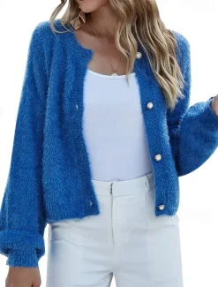 Women's Sweater Pullover Sweater Fuzzy Jumper Crew Neck Ribbed Knit Button Knitted Fall Winter Outdoor Daily Weekend Casual Soft Long Sleeve Pure Color Blue