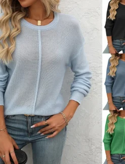 Women's Sweater Pullover Sweater Jumper Casual Soft Pure Color Ribbed Crew Neck Knitted Long Sleeve Regular Tops Knit Outdoor Daily Weekend Black Green Fall Winter