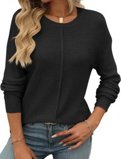 Women's Sweater Pullover Sweater Jumper Casual Soft Pure Color Ribbed Crew Neck Knitted Long Sleeve Regular Tops Knit Outdoor Daily Weekend Black Green Fall Winter