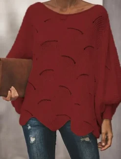 Women's Sweater Pullover Sweater Jumper Casual Soft Pure Color Ribbed Crew Neck Hollow Out Knitted Long Sleeve Regular Tops Knit Outdoor Daily Weekend White Pink Fall Winter