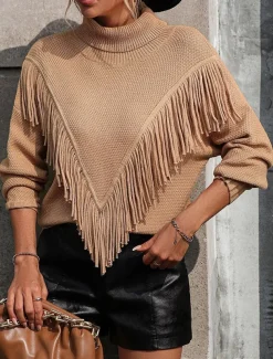 Women's Sweater Pullover Sweater Jumper Casual Sweater Casual Soft Solid Color Ribbed V Neck Tassel Knitted Long Sleeve Regular Tops Knit Outdoor Daily Weekend Blue Khaki Fall Winter