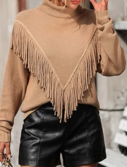 Women's Sweater Pullover Sweater Jumper Casual Sweater Casual Soft Solid Color Ribbed V Neck Tassel Knitted Long Sleeve Regular Tops Knit Outdoor Daily Weekend Blue Khaki Fall Winter