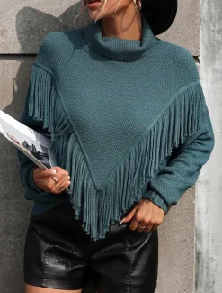 Women's Sweater Pullover Sweater Jumper Casual Sweater Casual Soft Solid Color Ribbed V Neck Tassel Knitted Long Sleeve Regular Tops Knit Outdoor Daily Weekend Blue Khaki Fall Winter