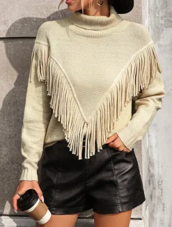 Women's Sweater Pullover Sweater Jumper Casual Sweater Casual Soft Solid Color Ribbed V Neck Tassel Knitted Long Sleeve Regular Tops Knit Outdoor Daily Weekend Blue Khaki Fall Winter