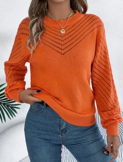 Women's Sweater Pullover Sweater Jumper Casual Soft Pure Color Ribbed Crew Neck Hollow Out Knitted Long Sleeve Regular Tops Knit Outdoor Daily Weekend White Orange Fall Winter